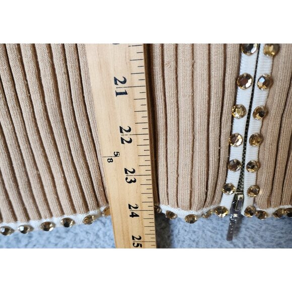Vtg Y2K Cache Women's L Long Sleeve Zip Up Ribbed Stretch Top Rhinestones Beige - Picture 7 of 12